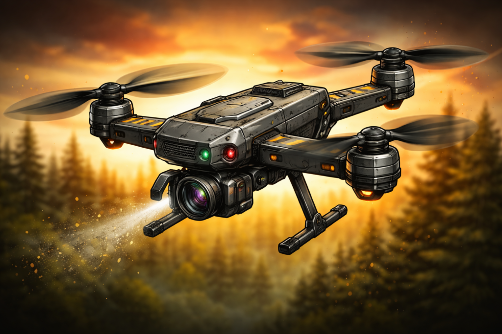 tactical quadcopter at sunset